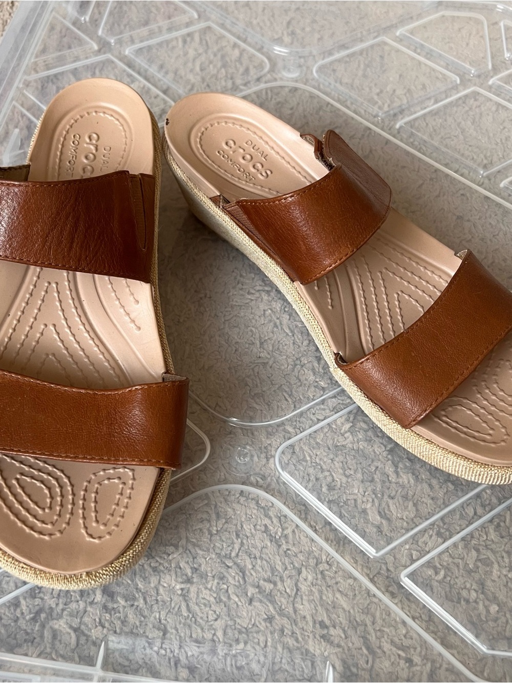 CROCS Tan/Brown Dual-Strap Slide Wedge Sandals Size 8W Adjustable